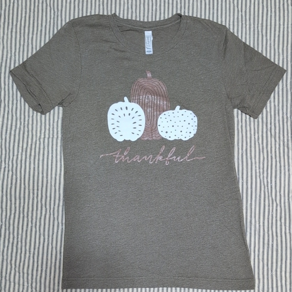 Olive Green Bella Canvas Short Sleeve Thankful Tee with Pumpkin Graphic
